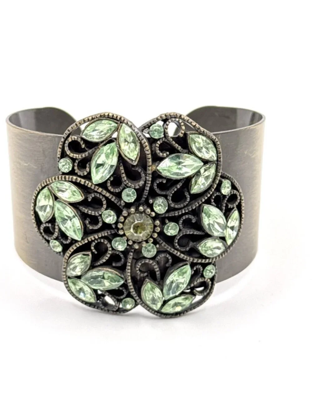 Brass Cuff Bracelet Filigree Floral Medallion Light Green Rhinestones Boho Art